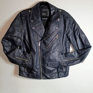 DKNY Black Leather Moto Jacket for Men